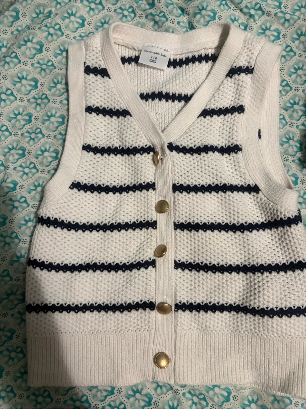 abercrombie kids White Sleeveless Knit Cardigan with Navy Stripes
